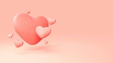 Aşk konsepti, pembe arka planda kalp şekilleri, üç boyutlu görüntüleme.