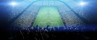 Stadyum ve taraftarlar. 3 boyutlu hayali bir stadyum.