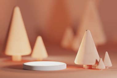 Ürün için boş ekran arkaplanı, konsept çam ormanı arkaplan podyum boş gösteri, sakinleştirici mercan tarzı.