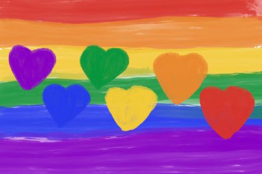 Gökkuşağı kalp çizimi, LGBT gurur ayı, kavram LGBTQ aşk sembolü, Gökkuşağı renk arkaplanı