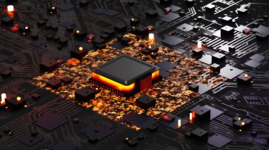 Anakart elektronik aygıt ve devre kartı, Yapay Zeka teknolojisi arka planında 3D işlemci çipi ya da işlemci çipi oluşturma