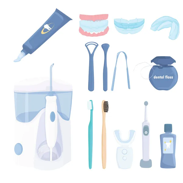 Zestaw Środków Higieny Jamy Ustnej Izolowanych Białym Tle Mycie Zębów — Wektor stockowy