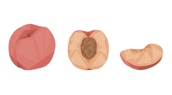 Pembe şeftali beyaz arka planda izole edilmiş. Bir şeftali, yarım ve bir dilim şeftali. Meyve. Geometrik stil. düz vektör.