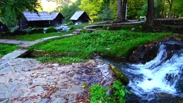 Frisse Berg Rivierwater Maken Cascades Terwijl Stromende Trog Natuurlijk Landschap — Stockvideo