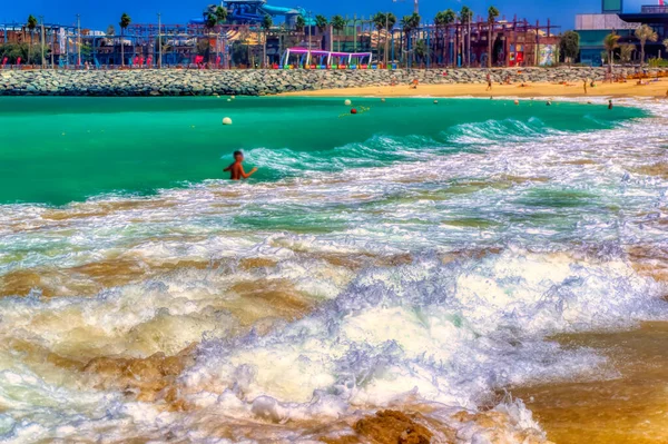 Sea Waves Foam Beach Sand Windy Day Dubai Uae — 스톡 사진