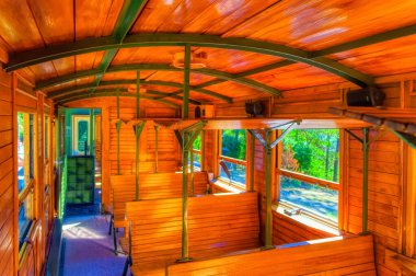 Mokra Gora, Sırbistan, 13 Eylül 2021: Sırbistan 'ın Mokra Gora kentindeki eski trenin içi.