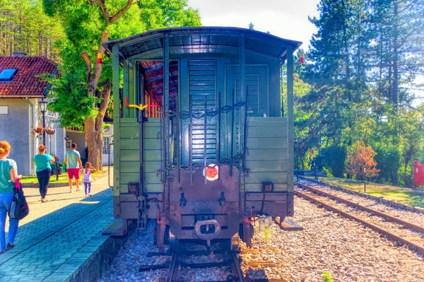 Mokra Gora, Serbia, September 13 2021: Visitors at train station during ride with old train at Mokra Gora, Serbia.
