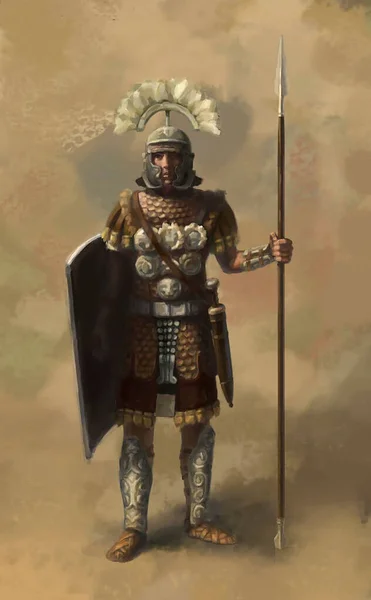 骑士罗马骑士 身穿闪亮盔甲 拿着长矛对着沙色的墙壁 — 图库照片