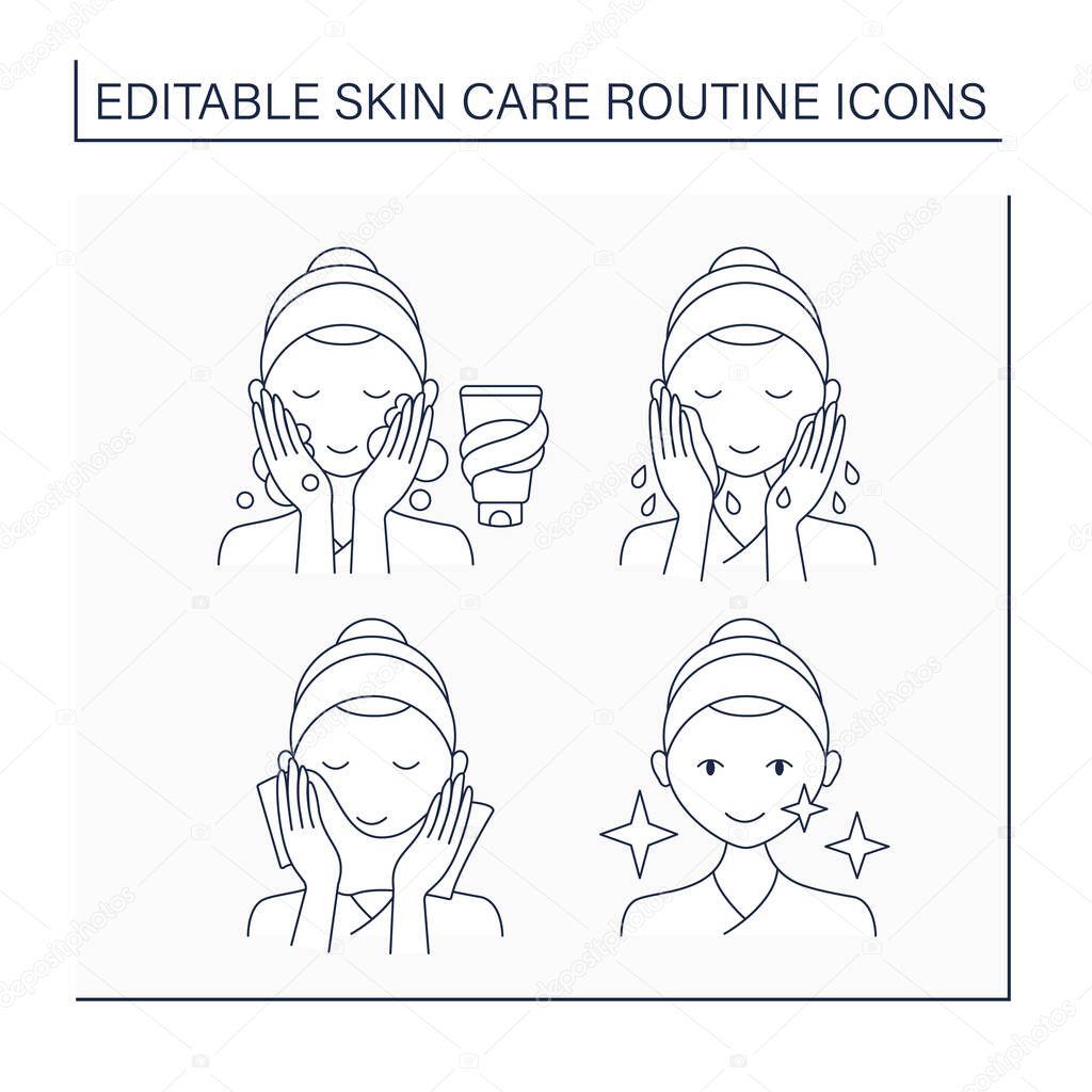 Skin care routine line icons set