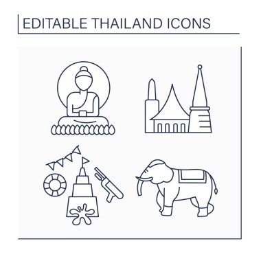 Tayland çizgi simgeleri ayarlandı. Buda heykeli, Bangkok, Songkran, fil. Geleneksel kültür şeyleri. Country konsepti. İzole vektör çizimleri. Düzenlenebilir vuruş