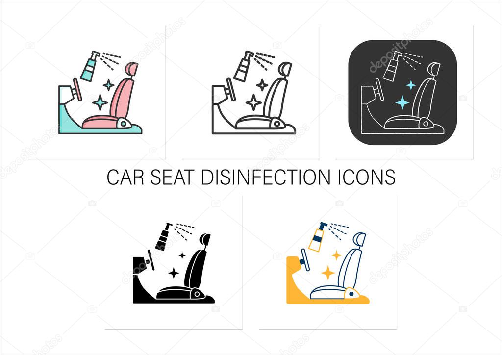 Disinfection of car seat icons set
