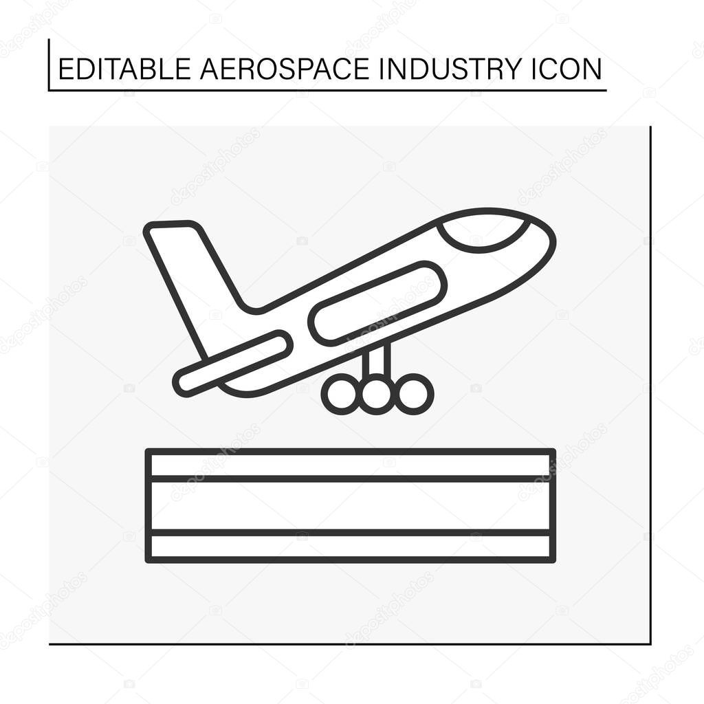 Airplane launch line icon. Plane take up in the sky. Aerospace industry concept. Isolated vector illustration. Editable stroke
