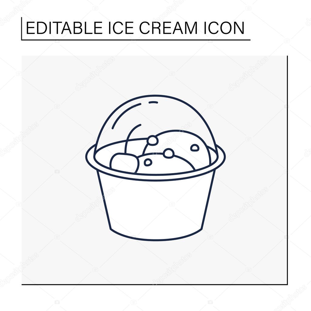 Ice cream line icon. Delicious dessert. Tasty frozen ice with cherry in plastic bowl. Summer sweets. Isolated vector illustration.Editable stroke