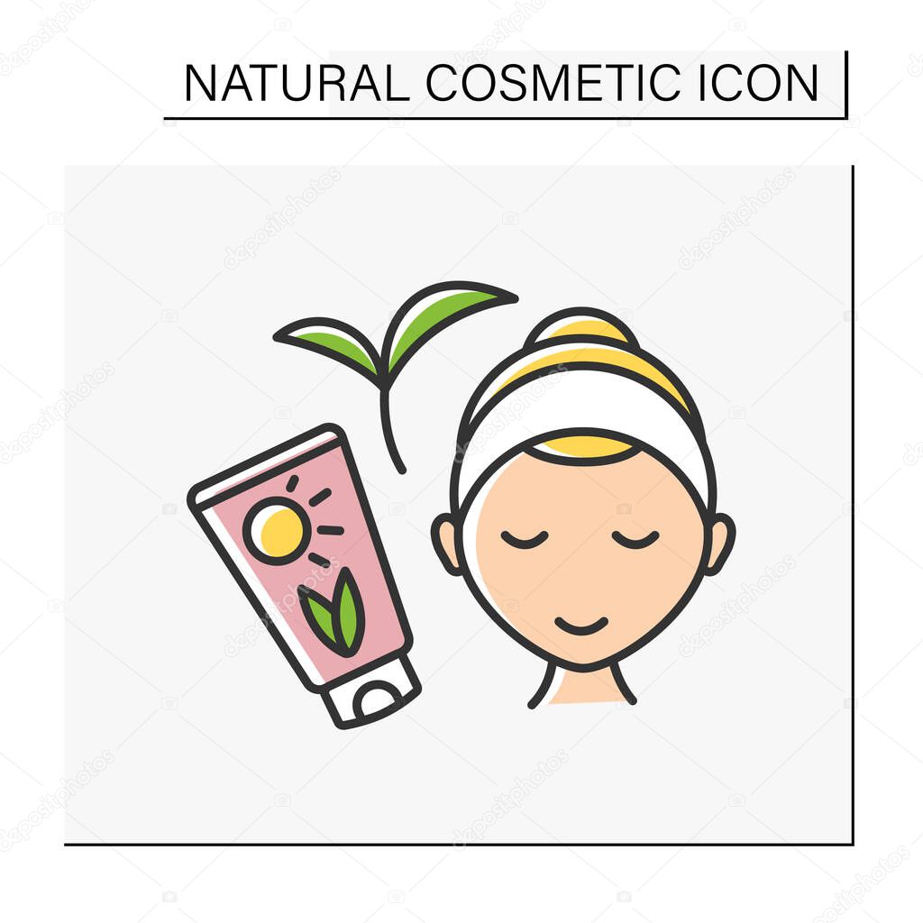 Beauty procedure color icon. Sunscreen for face.Face care. Protection from sun and ultraviolet.Cosmetology.Natural cosmetic concept. Isolated vector illustration