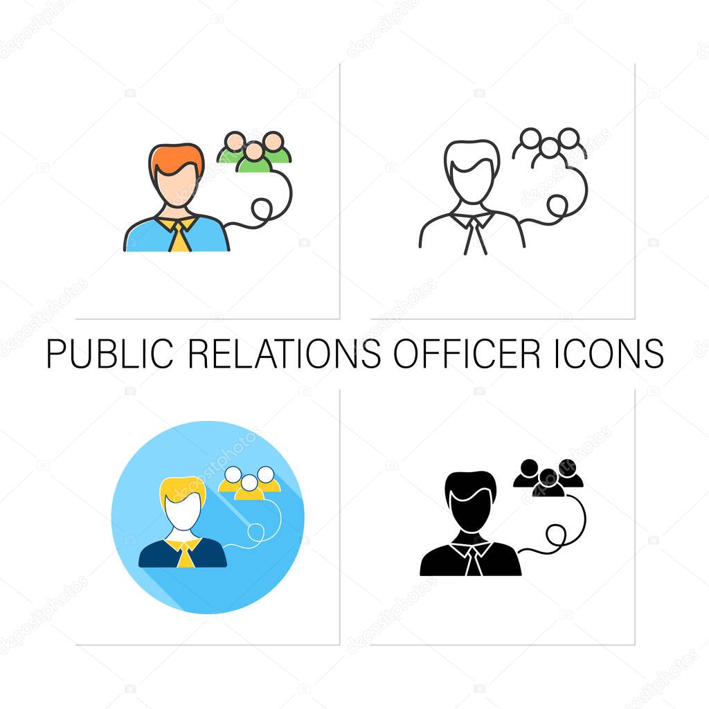 Public relations officer icons set