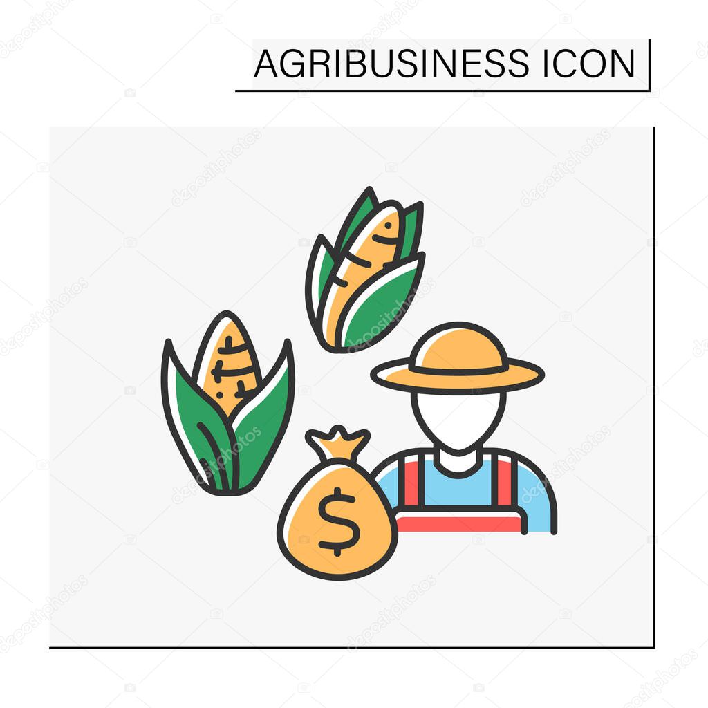 Corn cultivation color icon. Agronomist grows corn for human or animals to eat. Market sale.Agribusiness concept. Isolated vector illustration