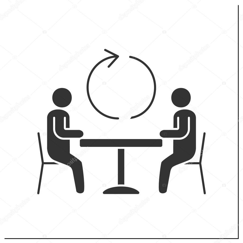 Communication glyph icon. Negotiating table. Collaborations between workers. Synergy concept.Filled flat sign. Isolated silhouette vector illustration