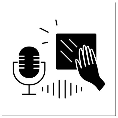 ASMR sembol simgesi. Nesneler çiziliyor ve yüksek frekanslı mikrofona kaydediliyor. İnternet trend konsepti. Düz tabela. İzole edilmiş siluet vektör çizimi