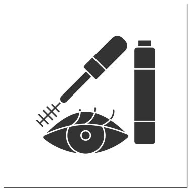  Maskara sembolü. Kirpikleri daha uzun ve hacimli yapmak için özel kozmetik ürünler. Makyaj konsepti. Düz tabela doldurulmuş. İzole edilmiş siluet vektör çizimi