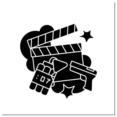 Aksiyon filmi sembolü. Film türü. Hızlı hareket eden plan, şiddet sahneleri ve aktif eylemler. Silahlar, dinamit, macera. Film konsepti. Düz tabela. İzole edilmiş siluet vektör çizimi