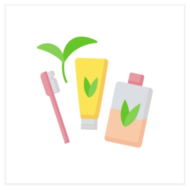 Kozmetoloji düz ikonu. Diş fırçası, diş macunu ve gargara. Diş dezenfeksiyonu. Doğal kozmetik konsepti. Renk vektörü illüstrasyonu