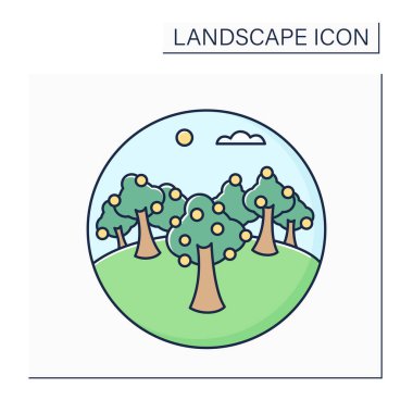 Meyve bahçesi renk simgesi. Ağaçlı koruluk. Meyve ağaçları, fındık ağaçları ya da akçaağaç şekerlerinden oluşan bir orman. Peyzaj kavramı. İzole vektör illüstrasyonu