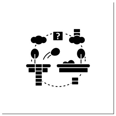 Platformda bir sembol. Çeşitli platformlarda zıplayan top. Koleksiyon öğeleri, ödüller. Çevrimiçi oyun konsepti. Düz tabela. İzole edilmiş siluet vektör çizimi