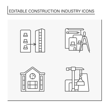 İnşaat endüstrisi çizgisi simgeleri ayarlandı. Bina malzemeleri, evler üretimi. İş kavramları. İzole vektör çizimleri. Düzenlenebilir vuruş