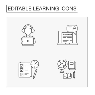  Öğrenme satırı simgeleri ayarlanıyor. Eğitim süreci. Ödev, ekspres sınav, dinleyici, coğrafya dersi, beceri ve bilgi. Kavramları inceliyorum. İzole vektör çizimi. Düzenlenebilir vuruş