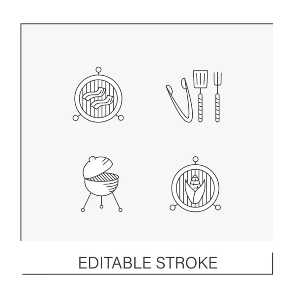 Bbq Line Icons Set Food Preparation Delicious Dishes Outdoor Party — 스톡 벡터