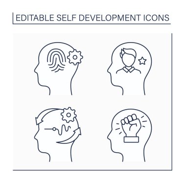 Kişisel gelişim çizgisi simgeleri ayarlandı. Kişisel kimlik, öz-imaj, değişime adapte olma, kendini geliştirme. Amaçlara ulaşmak. Konsepti geliştiriyorum. İzole vektör çizimleri. Düzenlenebilir vuruş