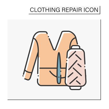 Renk simgesi dikiyorum. Modaya uygun bir kazak. Elbiselere delik aç. İğne ve iplik. Kıyafet tamiri konsepti. İzole vektör illüstrasyonu