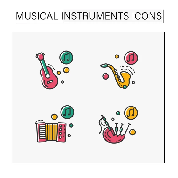 Conjunto Iconos Color Instrumento Musical Guitarra Saxofón Acordeón Gaitas Música — Vector de stock