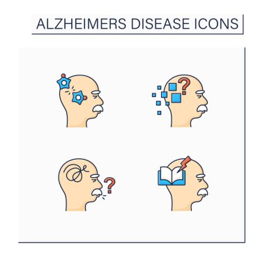 Alzheimer hastalığı renk simgeleri ayarlandı. Telaffuz, heceleme, konsantrasyon zorluğu. Nörolojik bozukluk kavramı. İzole vektör çizimleri.
