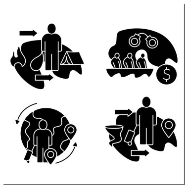 Göç simgeleri ayarlandı. İklim, dairesel göç, mülteci, göçmen kaçakçılığı. Yeniden yerleştirme konsepti. Düz tabelalar. İzole edilmiş siluet vektör çizimleri