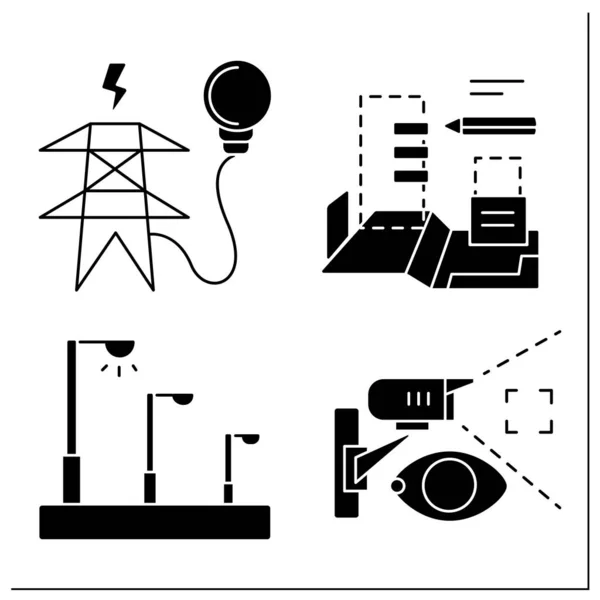 Symbole Für Die Städtische Infrastruktur Gesetzt Stadtplanung Videoüberwachung Straßenbeleuchtung Stromversorgung — Stockvektor