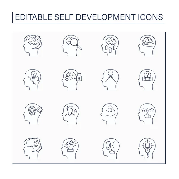 Self Development Line Icons Set Discover Potential Improving Skills Knowledge — Stock Vector