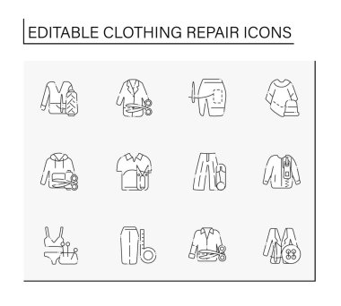 Giysi onarım çizgisi simgeleri ayarlandı. Doğru ve düzgün uzunlukta. Moda konsepti. İzole vektör çizimleri. Düzenlenebilir vuruş