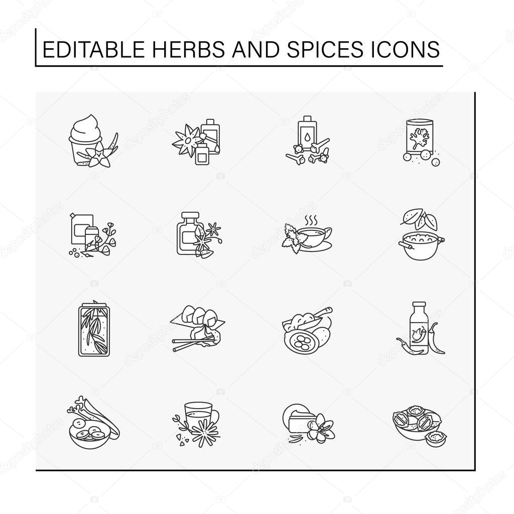 Herbs and spices line icons set. Herbs with special flavors. Cosmetology, food preparation and medicine. Botany concept. Isolated vector illustrations. Editable stroke