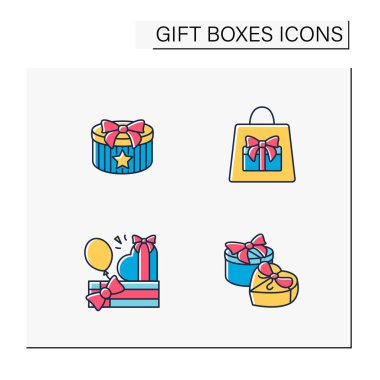 Hediye kutuları renk simgeleri ayarlandı. Özel durumlar için bir sürpriz. Kutlama konsepti. İzole vektör çizimleri