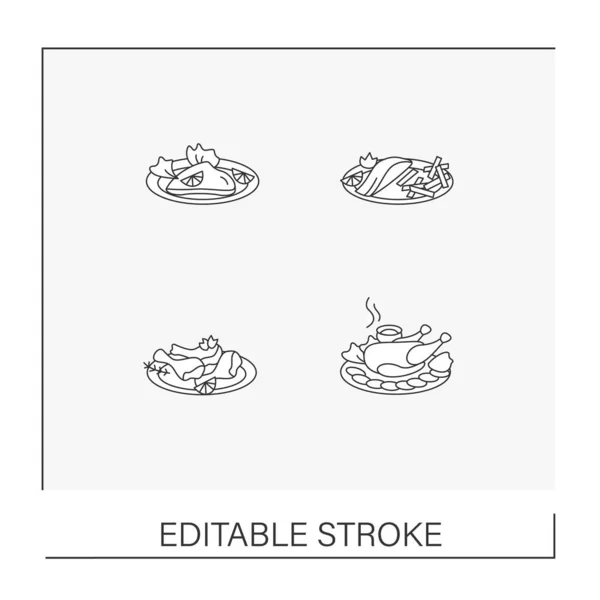 Nationale Gerechten Lijn Pictogrammen Ingesteld Wiener Schnitzel Fish Chips Tandoori — Stockvector