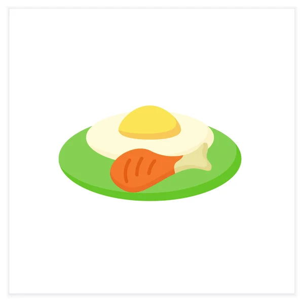 Icono Plano Comida Saludable Desayuno Abundante Huevo Frito Muslo Pollo — Vector de stock