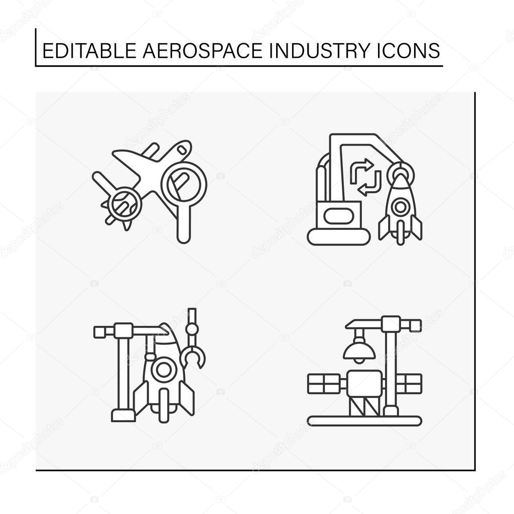 Aerospace industry line icons set. Helicopter, rocket and plane designing. Aircraft concepts. Isolated vector illustrations. Editable stroke