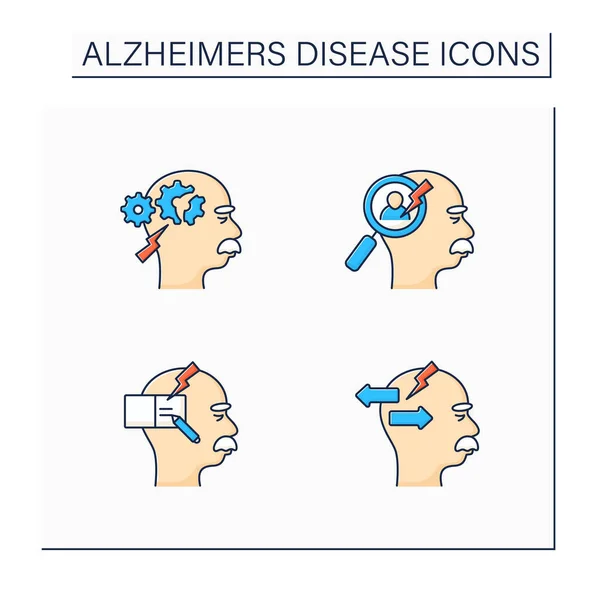 Alzheimer Disease Color Icons Set Cognitive Deficits Writing Recognition Problems — Vector de stock
