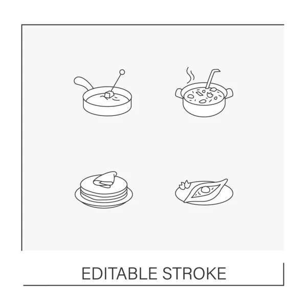 National Dishes Line Icons Set Borscht Cheese Fondue Crepes Khachapuri — Image vectorielle
