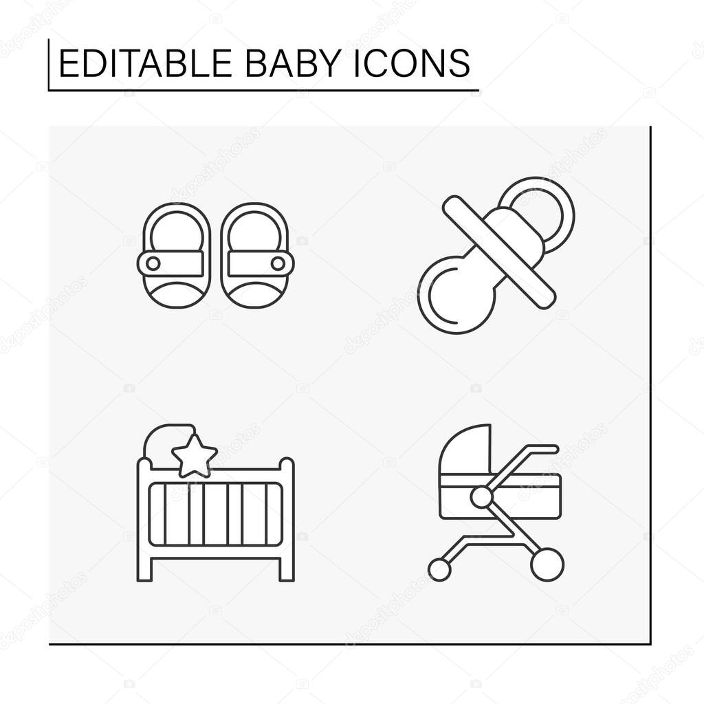 Baby line icons set. Baby products.Things for dream, travel, comfort and care. Childhood concepts. Isolated vector illustrations. Editable stroke