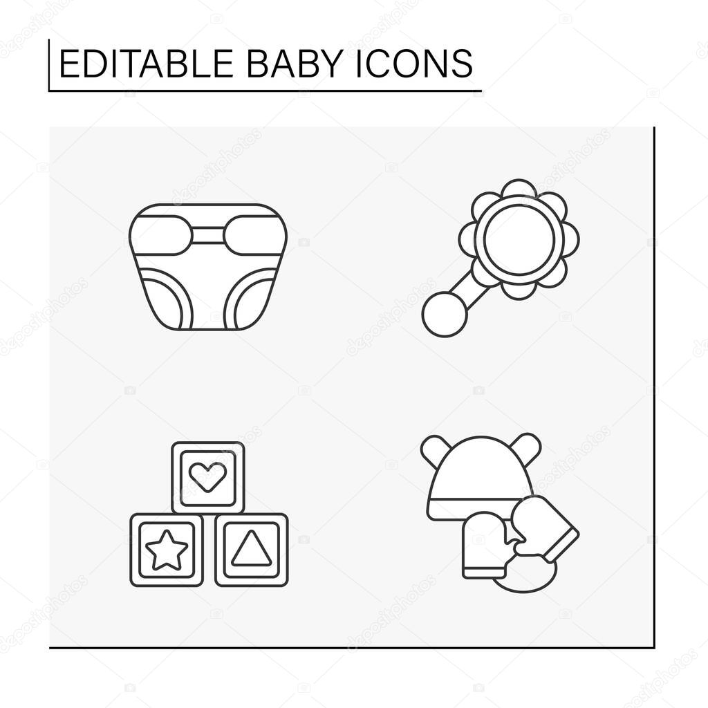 Baby line icons set. Baby products.Things for dream, travel, comfort and care. Childhood concepts. Isolated vector illustrations. Editable stroke