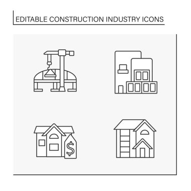 İnşaat endüstrisi çizgisi simgeleri ayarlandı. Kira, kulübe, köprü mekanizması. İş kavramları. İzole vektör çizimleri. Düzenlenebilir vuruş