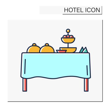 Açık büfe renk simgesi. Otel salonunda farklı yemek ve içeceklerle açık bir restoran. Her şeyi kapsayan hizmet. İnsanlar yemeği kendileri seçer. Otel konsepti. İzole vektör illüstrasyonu