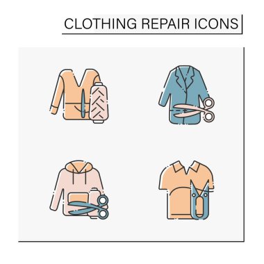 Giysi onarım renk simgeleri ayarlandı. Kapüşonlu, polo tişörtlü, büyük beden gömlekli, kazaklı. Moda konsepti. İzole vektör çizimleri